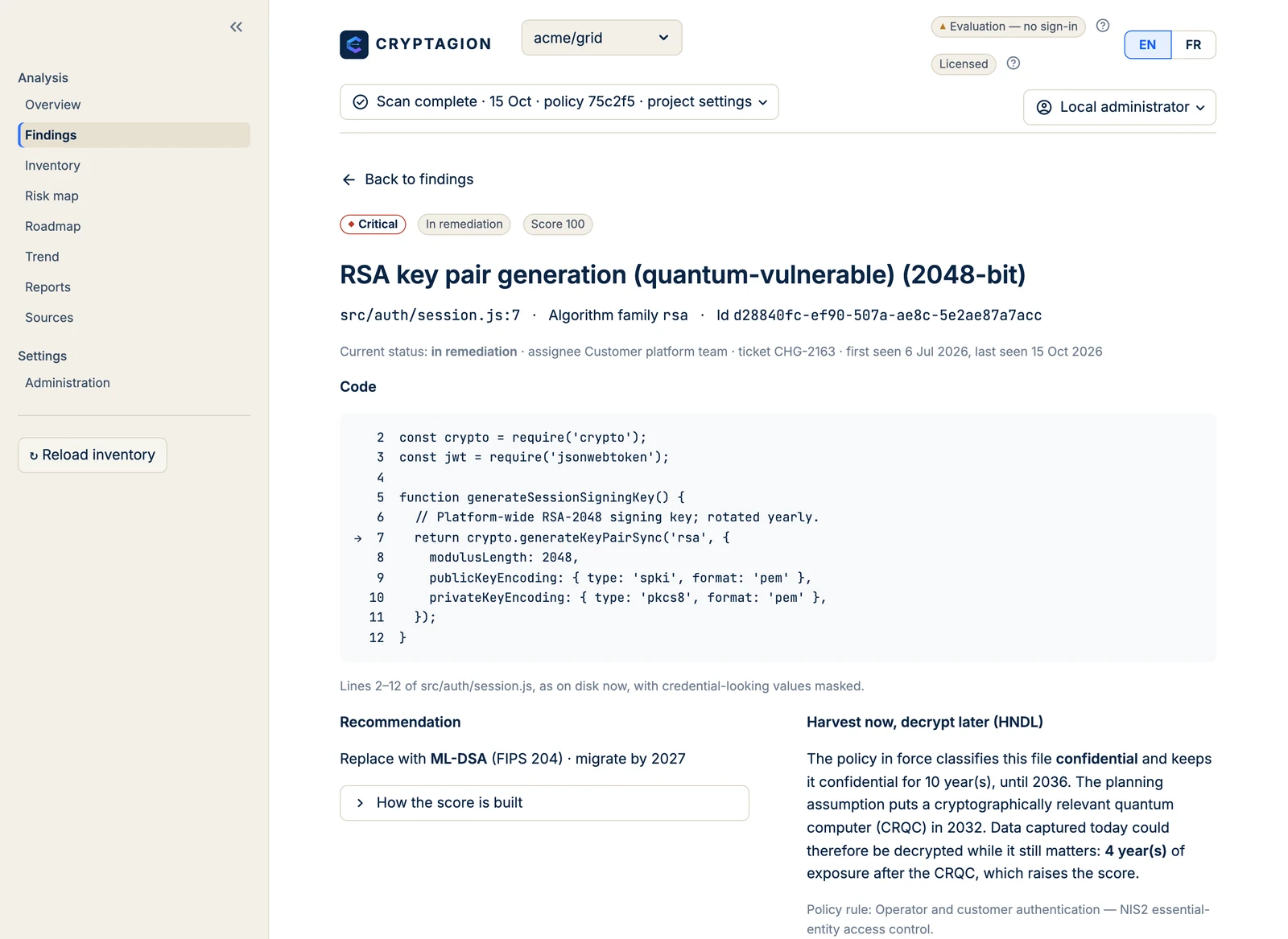 CRYPTAGION critical finding detail with severity, HNDL exposure and remediation workflow.