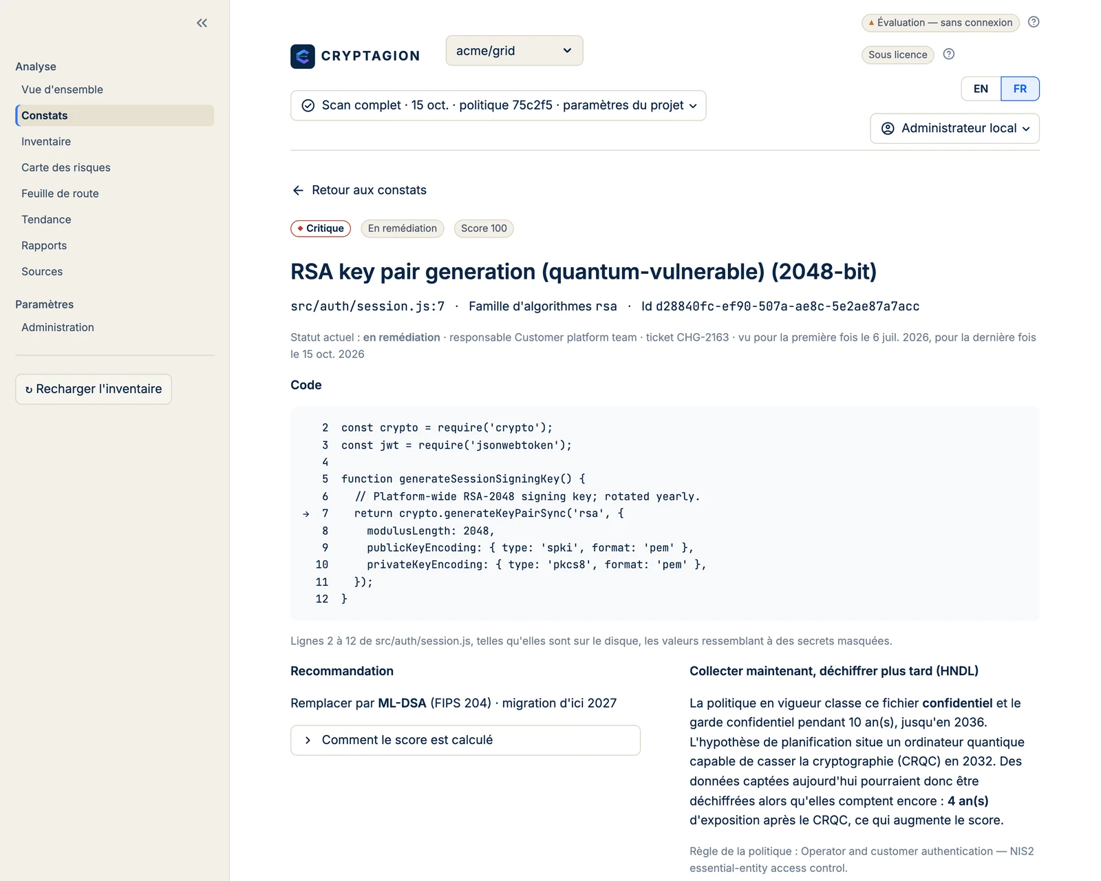 Détail d’un constat critique CRYPTAGION : sévérité, exposition HNDL et suivi de la remédiation.