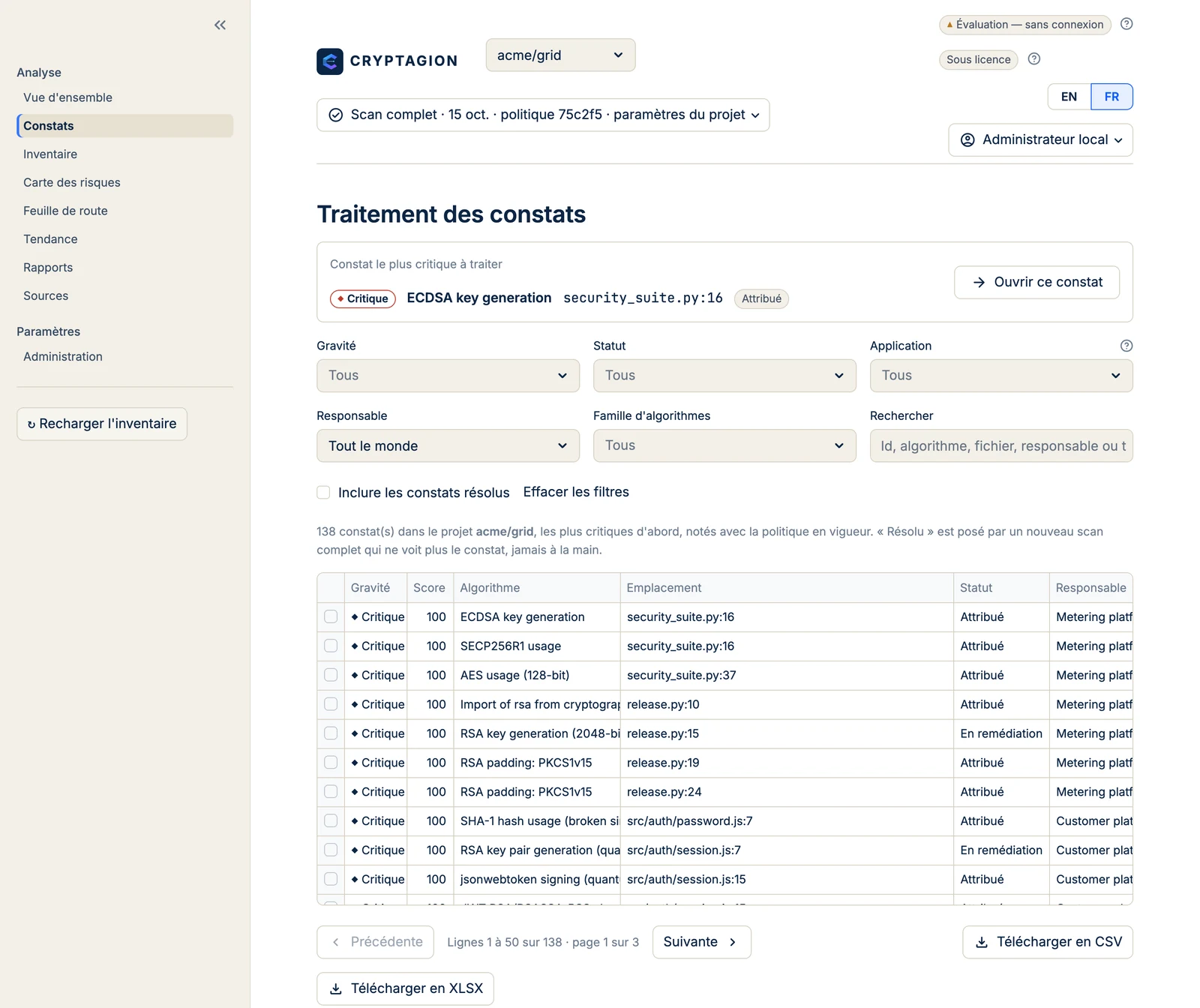 Liste des constats CRYPTAGION classés par score de risque, avec statut, responsable et référence de ticket.