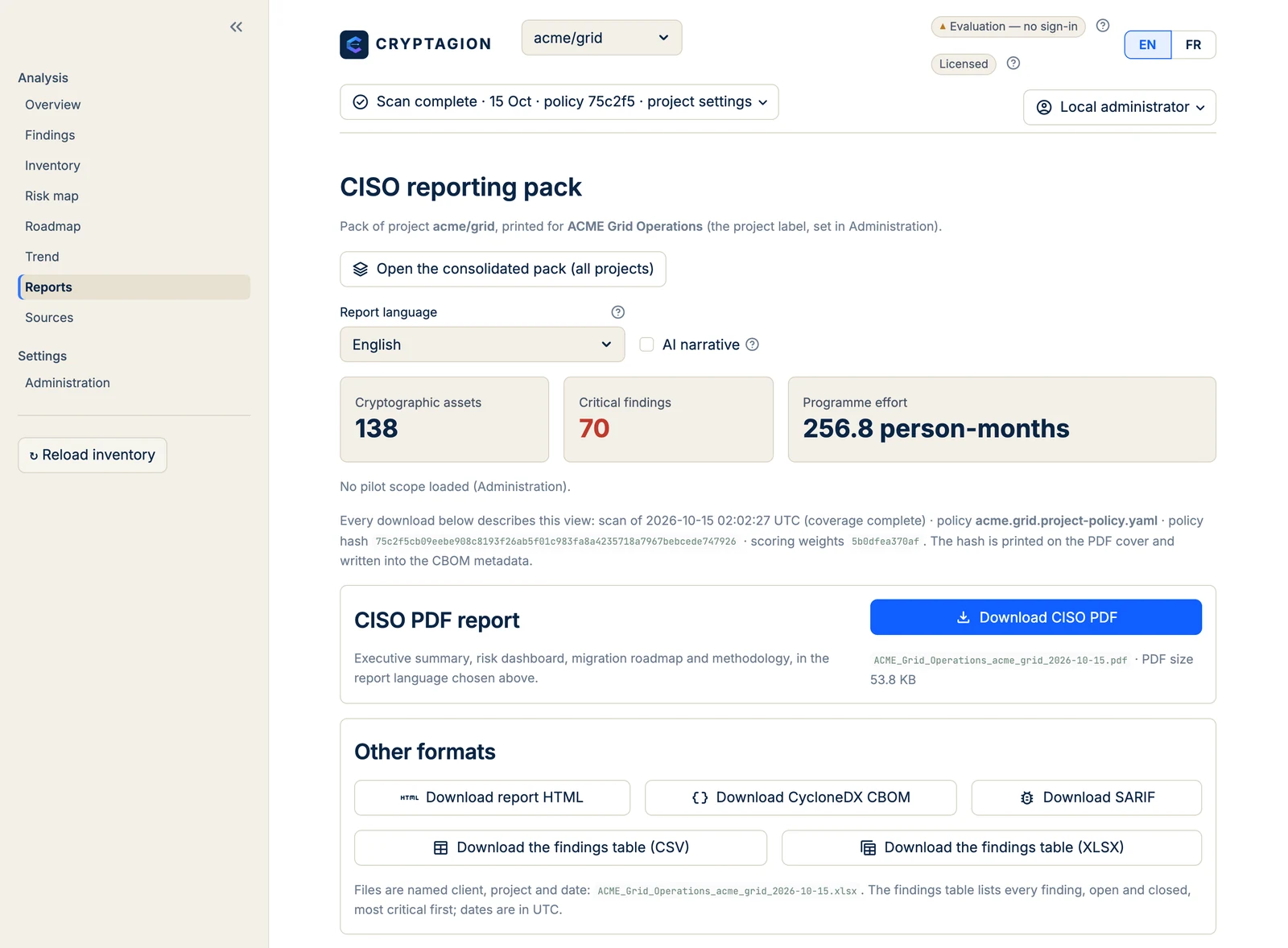 CRYPTAGION Reports page with the CISO PDF pack and HTML, CycloneDX CBOM, SARIF, CSV and XLSX exports.