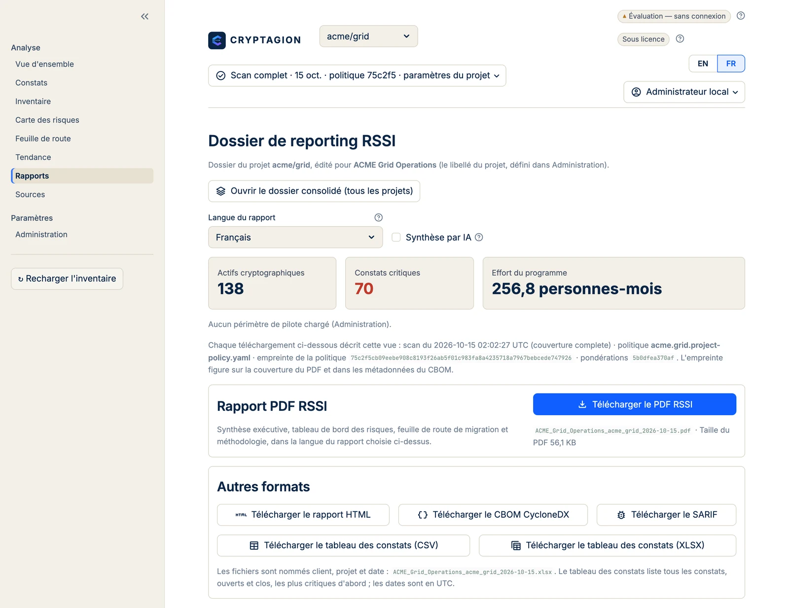 Page Rapports de CRYPTAGION : pack PDF RSSI et exports HTML, CBOM CycloneDX, SARIF, CSV et XLSX.