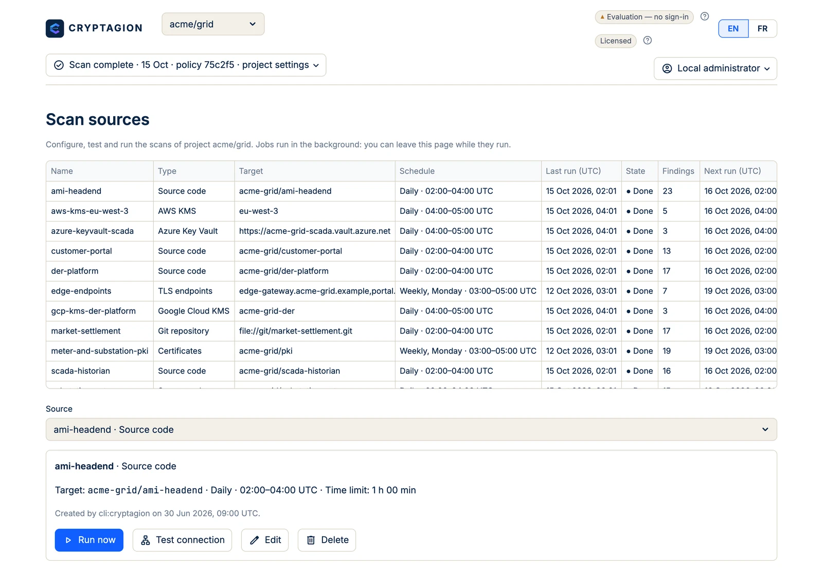 CRYPTAGION Sources dashboard showing scheduled Git, TLS, certificate and cloud KMS discovery.