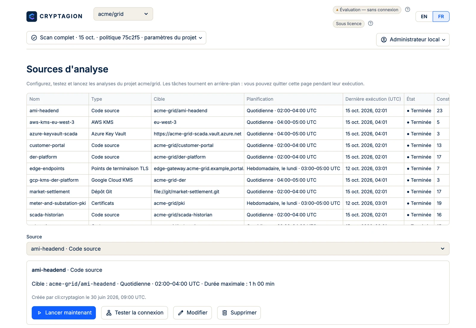 Page Sources de CRYPTAGION : découverte planifiée sur Git, TLS, certificats et KMS cloud.